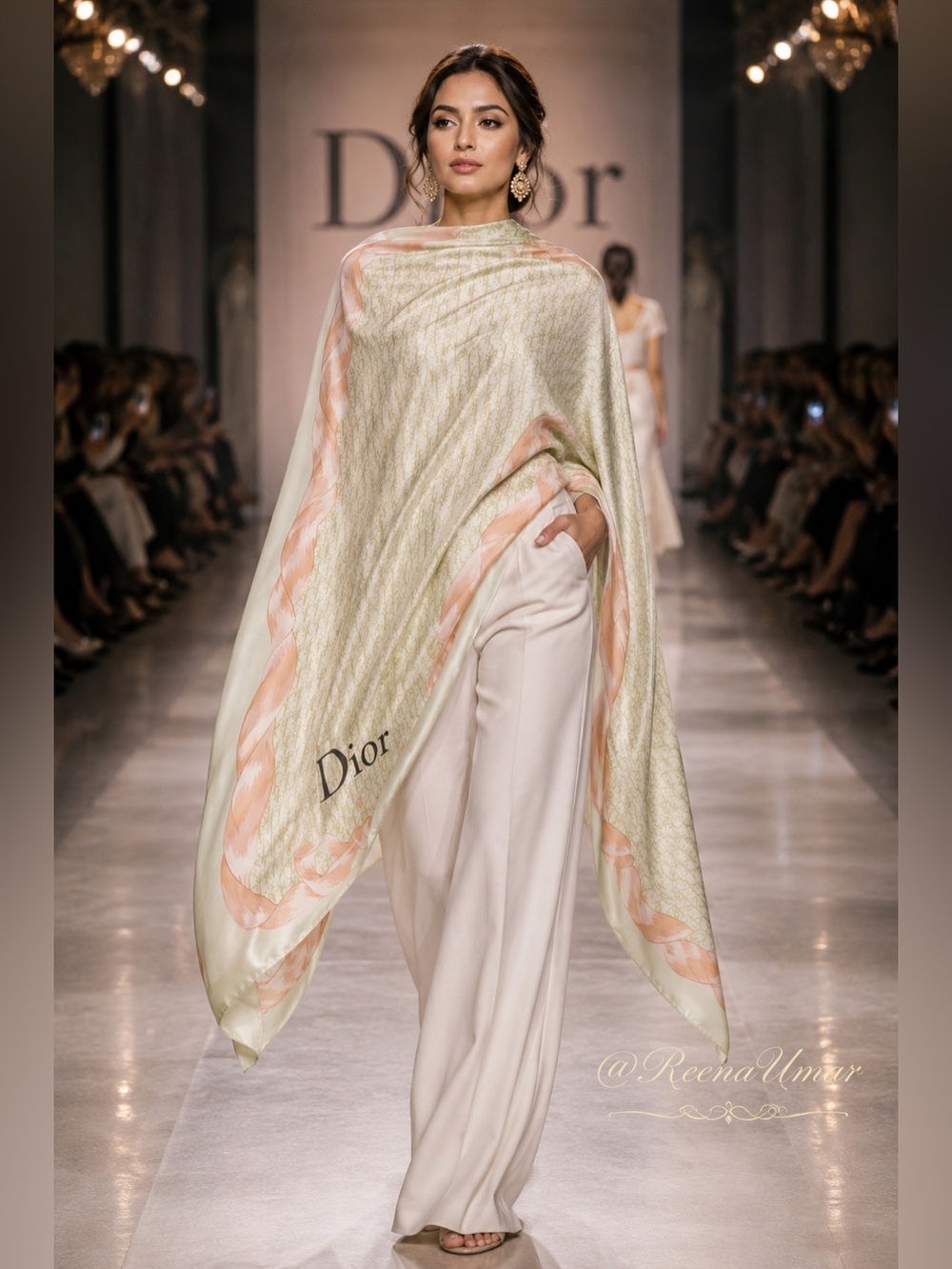 Designer-Inspired Sage Green Monogram Print Scarf/Shawl – 100% Silk